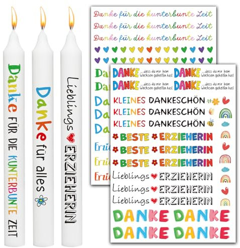 BETESSIN 2 Bögen Kerzentattoos Erzieherin Abschiedsgeschenk Kerzenfolie Erzieherin Geschenk Bunte Kerzen Tattoo Aufkleber Dankeschön Wasserschiebefolie Sticker für DIY Stabkerze Kindergarten Kita