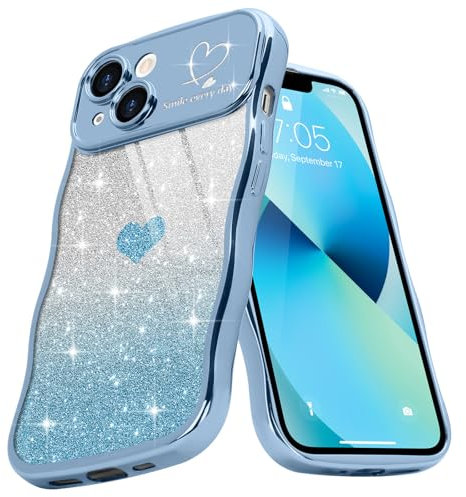 Teageo Cute Heart Pattern Curly Phone Case for iPhone 13, Wave Frame Glitter Case for Girls Women Aesthetic Bling Cover Shockproof Soft TPU Bumper for iPhone 13, Blue