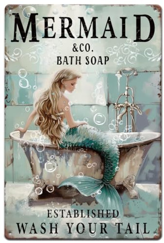SUPERDANT Letreros de metal para bañeras, diseño de sirena, letrero de lata para baño, con texto en inglés Wash Your Tail, letrero divertido para pared de baño, bar, pub