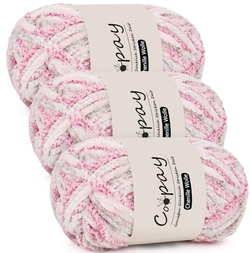 Coopay Chenille Wolle zum Häkeln, 3x100g Samtig Chenillegarn, Dicke Flauschige Weich Chenille Garn, Chenille Wolle, Weicher Plüschwolle Häkelgarn für Decken, Schals - Rosenliebe