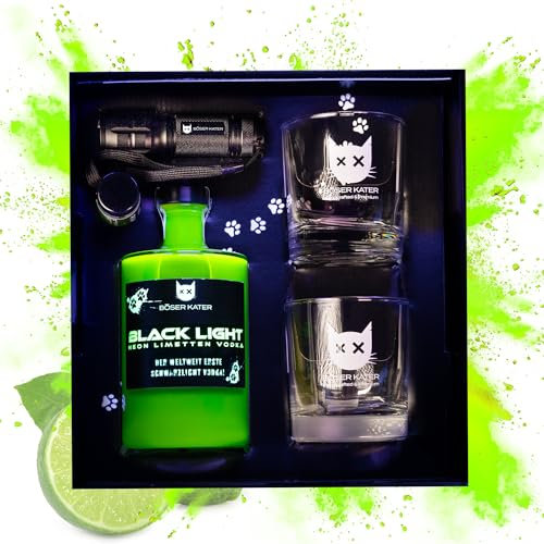 BÖSER KATER Blacklight Vodka Geschenkset | Weltweit erster Schwarzlicht Neon Vodka mit Leucht-Effekt | Set mit 2 Gläsern & UV-Taschenlampe | Fruchtiger Limettengeschmack | Geschenkidee | 0,5l 40% Vol.