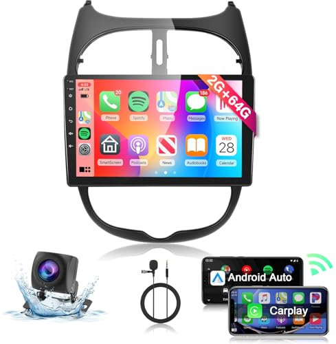 【2+64G】 Hodozzy Carplay Autoradio pour Peugeot 206 206cc Citroen C2 2001-2016, 9 Pouce Touchsreen Bluetooth Poste Radio Voiture avec Android Auto/GPS/Mirror Link/WiFi/RDS/FM/BT/USB