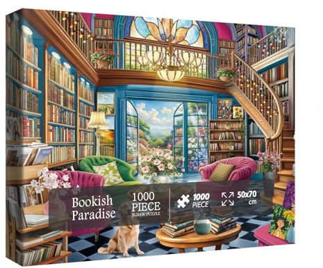 Colorful Library Garden Puzzles for Adults 1000 Pieces Nature, Beautiful Book Cat Dog Art House Jigsaw Puzzles, Pretty Flower Plant Fantasy Puzzle