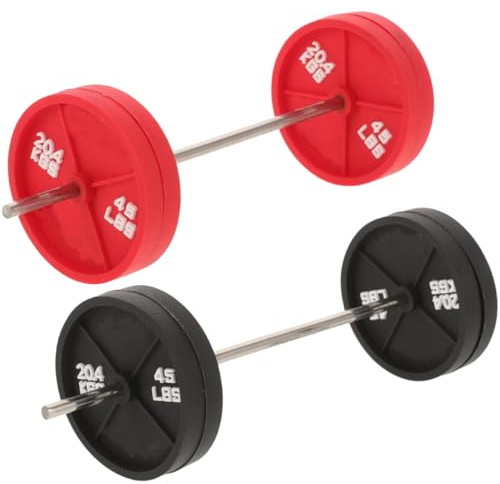 Abaodam 2 Stück Mini Langhantel Modell für Puppenhaus Fitnessstudio, Miniatur Gym Hantel Tortendeko, Wichtel Zubehör Fitness Set Schreibtisch Deko, Schwarz & Rot