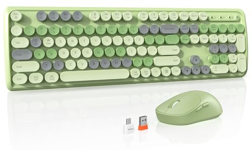 Wireless Keyboard and Mouse Combo, 2.4GHz Cute Colorful Wireless, Retro Typewiter Full Size Keyboard, 3800DPI Optical Mouse for PC/Mac/Laptop/Computer/Windows, Green
