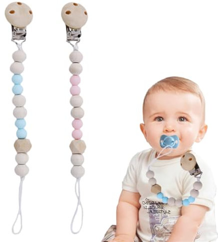 KOQAIIZ 2 Stück Schnullerkette aus Holz, Schnullerband für Babys, Baby Schnullerkettenclips, Schnullerketten für Mädchen und Junge