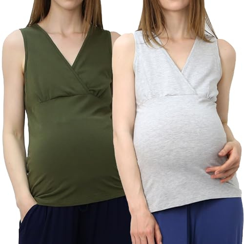 OCCIENTEC Moderskap linne i bomull set med 2 amningslinne graviditet ärmlös T-shirt för kvinnor, Gröngrå, M