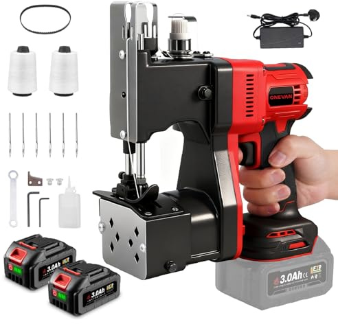 ONEVAN Cordless Bag Closing Machine, Brushless, Sewing up to 6mm Thick | 2,700/Min, Adjustable Stitching(7–11mm), Auto-Thread Cutting, 2 Bundles of Thread, 2×3.0Ah Battery, for Sack/Rice Bags/Paper