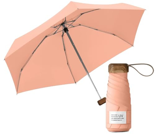 Le Monde du Parapluie Mini Regenschirm - 5 Klappschirm Schirm UV-Schutz UPF 50+ UV Schutz - Leicht und kompakt - Reiseformat - Tasche - Winddicht - Holzgriff mit Stoffbezug - Sonnenuntergangskoralle