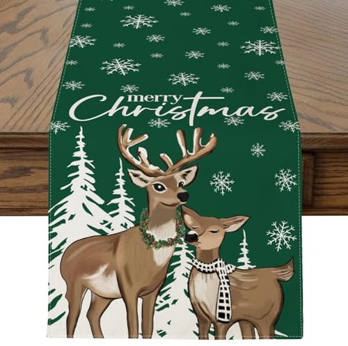 JOTOM Weihnachten Tischläufer, Hirsch Tischläufer Küche Esstisch Dekoration für Party Wohnzimmer Esszimmer Garten, Innen & Außen Weihnachtstischdecke Weihnachtsdeko (40 x 180 cm, Grün)