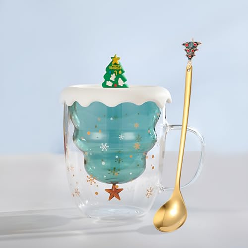 Syfunlv Grinch Weihnachtstasse, Doppelwandige Glastasse mit Deckel und Löffel, Weihnachtsbaum Kaffeetasse Espressotasse Teeglas Milchtasse Stil 2