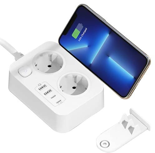 Nzkeuf Steckdosenleiste mit USB C, 6-in-1 Steckdosenleiste Wandmontage mit 1.8M Verlängerungskabel, 2 Fach Mehrfachsteckdose mit Überspannungsschutz für Haus Büro Reise, Weiß