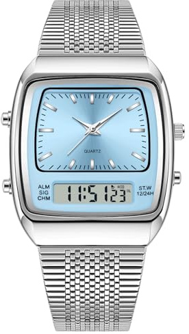 findtime Herren Armbanduhren Analog Digital Tonneau und Quadratisches Zifferblatt Doppelanzeige 5ATM Wasserdicht Beleuchtung Casual Business Herrenuhr Retro Modisch Luxuriös Design Silber Hellblau