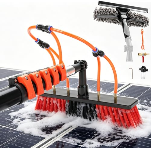 Teleskop Waschbürste 7,2m mit Wasseranschluss | Teleskopstange mit Bürste Mikrofasertuch Abzieher, für PV Anlage, Solarreinigung, Dachrinne, Terrassendach
