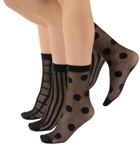 CALZITALY 3 PARES Calcetines de mujer, Mini medias semi transparentes, Fantasía Lunares, Rayas Verticales, Cuadros, Talla Unica, Made in Italy (Negro,Talla Unica)