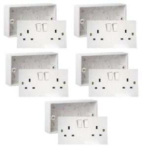 Enchufe de pared doble con 2 interruptores + caja trasera de 25 mm con doble interruptor de pared, 2 clavijas dobles + caja trasera de 25 mm (pack de 5)