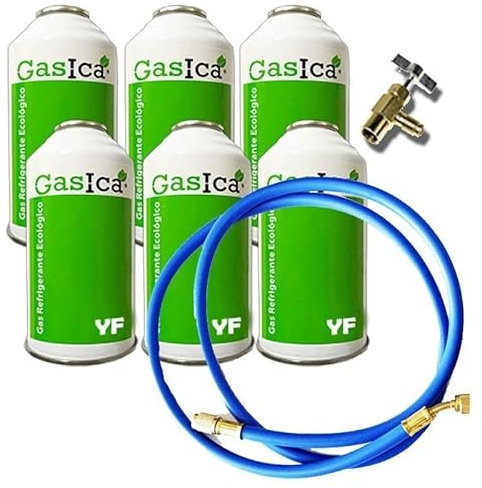 6 Botellas Gas Ecologico Gasica YF 226gr + Valvula + Manguera Alternativo R1234YF Freeze Organico