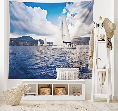 ABAKUHAUS Maritim Wandteppich, Segelboot und Segel auf Meer Wellen bewölktem Himmel Abenteuer Fotodruck, aus Weiches Mikrofaser Stoff Wand Dekoration Für Schlafzimmer, 150 x 110 cm, Blau und Weiß