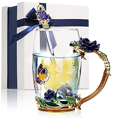 Hapivida Flower Tea Cup Enamel Tea Cup Glass Coffee Mug Handmade Rose Flower Tea Mug 3D Flower Cups Tea Mug with Tea Spoon Use Gift Package(E 350ML)