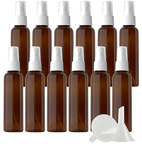 ZEOABSY 48 Piezas 60ml Botella de Spray Vacía Plástico Marrón Atomizador de Viaje Conjunto de Botellas, con Pulverizador de Niebla Fina Blanco para Perfume Agua 2 Embudos