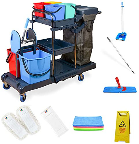 Hypafol Profi Putzwagen mit 100l Leinensack I Praktisches Reinigungsset mit 2x18l & 4x5l Eimern I Stabile Mopp-Presse & Halterung für Besen & Lappen I Set mit 3 x 50 cm Wischmopp & 12 x Mikrofasertuch