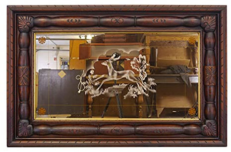 Antike Fundgrube Alter Wandspiegel Holzrahmen Dunkelbraun | Spiegel mit Gravur | Garderobenspiegel | B: 146 cm (10422), B: 118 cm, H: 68 cm, T: 6 cm