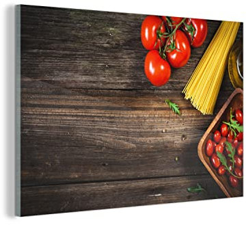 MuchoWow Glasbild Glasfoto Wandbild Bilder Deko 90x60 cm Nudeln - Tomate - Küche
