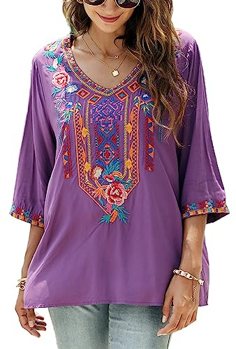 Seasonal Bohemian Embroidery Mexican Tops Women's Summer Boho Shirts Hippie Peasant 3/4 Sleeve V Neck Blouses Tunic