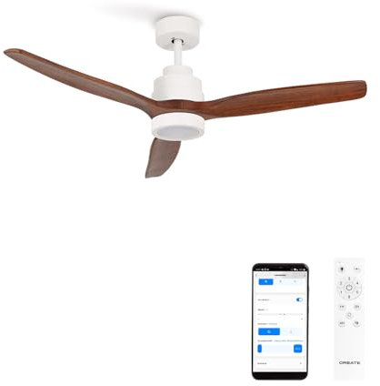 CREATE / WINDSTYLANCE/Ventilatore da soffitto con luce Wifi e telecomando, bianco pale legno scuro / 40W, silenzioso, Ø132 cm, 6 velocità, timer, estate-inverno, doppia altezza, motore DC