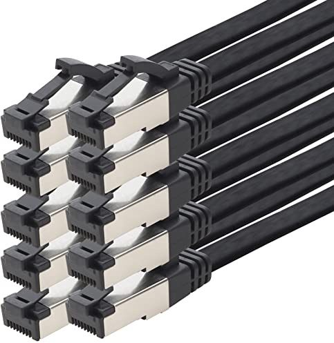 1aTTack.de 0,25m Cat 8 Patchkabel flach schwarz 40 Gigabit Netzwerkkabel Ethernet LAN Kabel 40 Gbits 2000 Mhz Patchkabel Cat8 Kabel LSZH TPE PIMF Rj45 Stecker 10 Stück - 0,25m