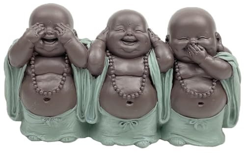Zen'Light - Statuetta 3 Bonzes saggezza - Decorazione Zen e Feng Shui - per creare un'atmosfera rilassante e spirituale - Idea regalo portafortuna - Larghezza: 15,5 cm - Colore: verde e marrone