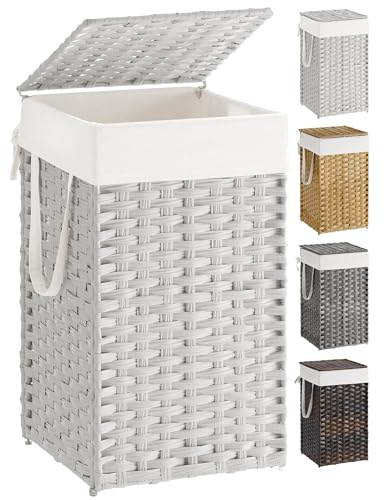 SONGMICS Wäschekorb mit Deckel, 65 l, synthetisches Rattan, Wäschekorb mit Deckel und Griffen, faltbar, herausnehmbares Futter, Wolkenweiß ULCB165W01