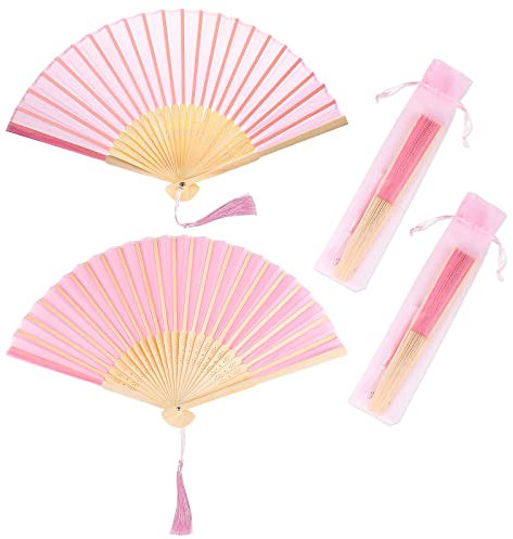Handfächer, 2er Klein Handfächer aus Stoff für eine Abkühlung im Sommer, Faltbar Fächer mit Quaste und Fan-Tasche - für Hochzeite Bevorzugung Aufführung Tanz Dekoration (Rosa)