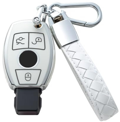 CHEZENHUI Kompatibel mit Mercedes Benz Schlüsselanhänger Cover mit Leder Lanyard, Autoschlüssel Hülle Shell Schutz für Mercedes Benz C, Weiss/opulenter Garten, White B 3 Button