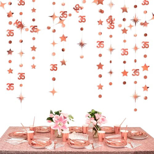 Rose Gold 35. Geburtstag Dekorationen Nummer 35 Kreis Dot Twinkle Star Girlande Metallic Hanging Streamer Banner Hintergrund für ihren schmutzigen 35-jährigen Geburtstag 35 Jahre Party Supplies