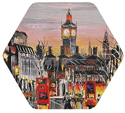 10,2 cm Getränkeuntersetzer Set mit 6 Straßen-Uhr-Turm-bedruckten Lederuntersetzern für Getränke Set für Glas Kaffeetasse Becher