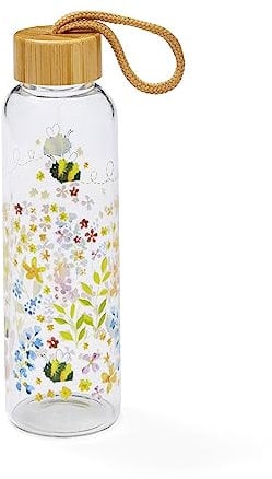 Cooksmart 500ml Glass Water Bottle | Eco Friendly Glass Bottle With Lid & Carry Handle | Glass Bottles For Office, Sports or On The Go - Bee Happy