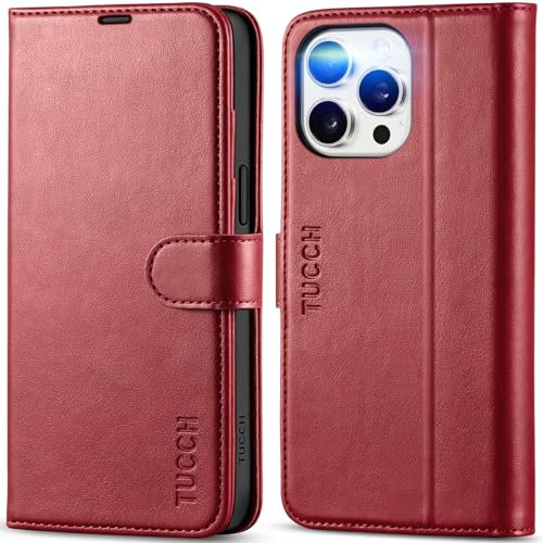TUCCH Wallet Case for iPhone 15 Pro Max (6.7) 2023, Magnetic PU Leather Protective Folio Foldable Stand Cover with[Shockproof TPU][RFID Blocking][Card Slot]Compatible with iPhone 15 Pro Max, Dark Red