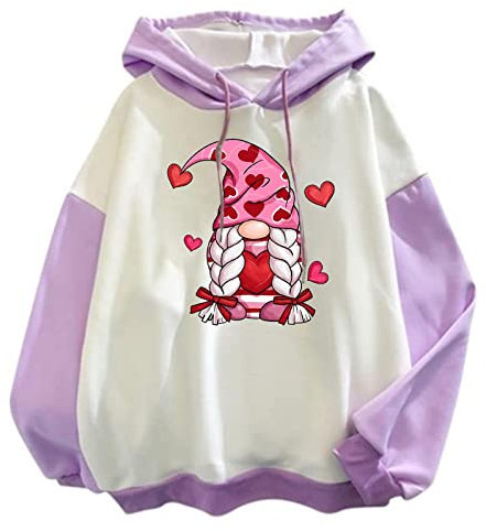 WLHBF Sweatshirts für Damen Langram Frauen Casual Langarm Valentinstag Liebe Druck Kordelzug Pullover Hoodie Farbblock Sweatshirt Tops Pullover Cardigan Schwarz Damen (Purple, XL)