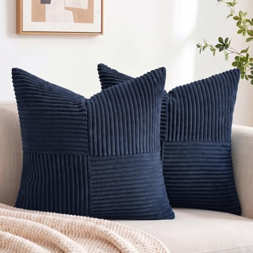 FDTERN 2er Set Navy Blau Kordsamt Kissenbezug 45x45CM Weich Moderne Dekorative Kissenbezüge Kissenhülle Dekokissenbezug Sofakissen Dekokissen Boho Deko für Sofa Schlafzimmer Wohnzimmer Balkon