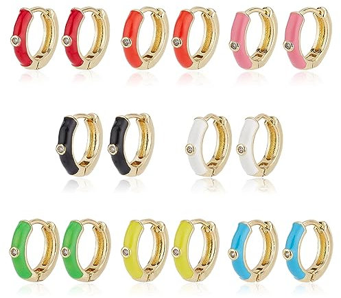 ANATTASOUL 8 Paar Emaille-Huggie-Ohrringe Creolen, Runde Kreis-Ohrringe Huggie-Ohrring Mit Kubischem Zirkonia Bunte Creolen-Statement-Ohrringe Hochzeit Ohrringe Schmuck Geschenk Für Frauen Mädchen