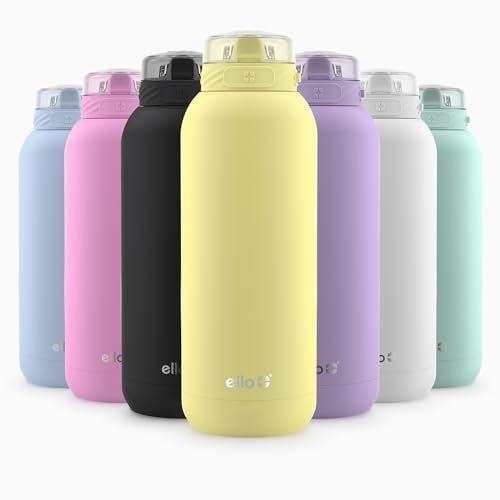 Ello Cooper 40oz Stainless Steel Water Bottle with Straw and Carry Handle, Double Walled and Vacuum Insulated Metal, Leak Proof Locking Lid with Soft Silicone Spout, Reusable, BPA Free, Lemonade