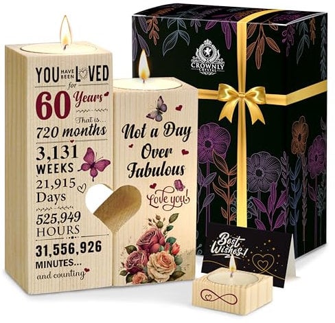 CROWNLY® 60th Birthday Gifts for Women Wooden Heart Candle Holders Personalised Presents for Grandma Wife Gifts from Husband Decorations for Elderly Women
