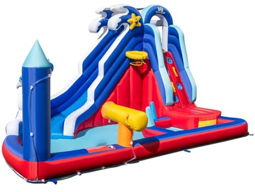 Maxmass Inflatable Bouncy Castle, Kids Water Park with Slide, Climbing Wall, Splash Pool, Sprinkler, Water Cannon, Basketball Hoop & Ring Toss Game, Blow Up Activity Center for Indoor Outdoor