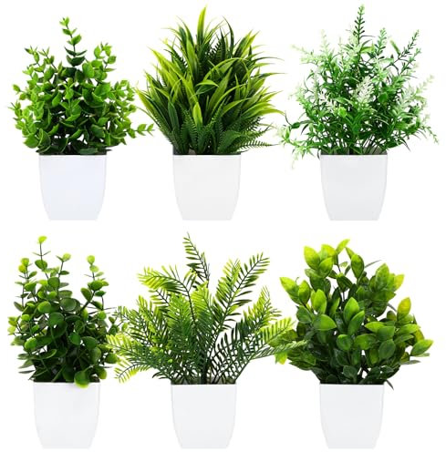 Royouzi 6 plantas artificiales, pequeñas plantas artificiales en maceta, plantas falsas, plantas artificiales para dormitorio, baño, cocina, hogar, decoración interior con maceta, plantas falsas