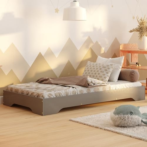 smartwood Kinderbett 120x200 cm mit Lattenrost, aus Holz, Grau, TILA 7 | Montessori Bodenbett, Einstiegshöhe 18 cm, Belastbar bis 300 kg, FSC-Kiefernsperrholz, abgerundete Kanten, Einfache Montage