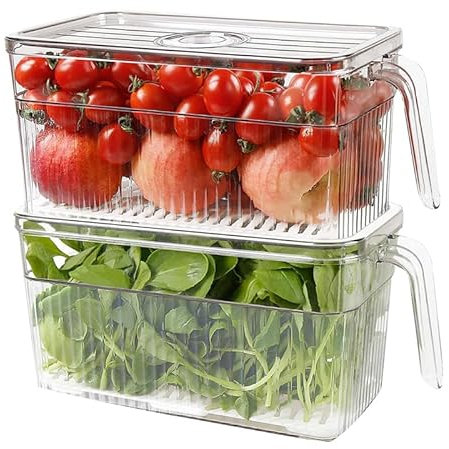 GRANZ Stackable Fridge Food Storage Containers with Lids | Set of Fridge Organisers | Fresh Produce Saver Keepers | BPA-Free Refrigerator | Fruit and Vegetable Cabinet Storage Bins (GRZ-RFC03)
