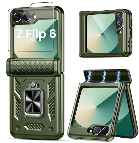 Cover per Samsung Z Flip 7 FE/Flip 6/5 con Schermo in 9H Vetro Temperato, Protezione Della Cerniera, 360°Anello Supporto, Antiurto Anticaduta Militare, Custodia per Galaxy Z Flip 6 / Flip 5, Verde