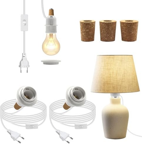 Lampenfassung für Flaschen,2Pcs E27 Fassung mit Kabel und Schalter 240cm, Weiße Flaschenadapter Lampe Kit, Flaschenlampe Aufsatz LED,Lampenschirm für Flaschen,3 Arten Bung für Verschiedene Flaschen