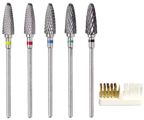 Lot de 5 Fraises à Ongles en Acier Tungstène avec Pinceau, Forets à Ongles Professionnels pour Manucure, Embout de Ponceuse à Ongles pour l'élimination des Cuticules en Gel Acrylique